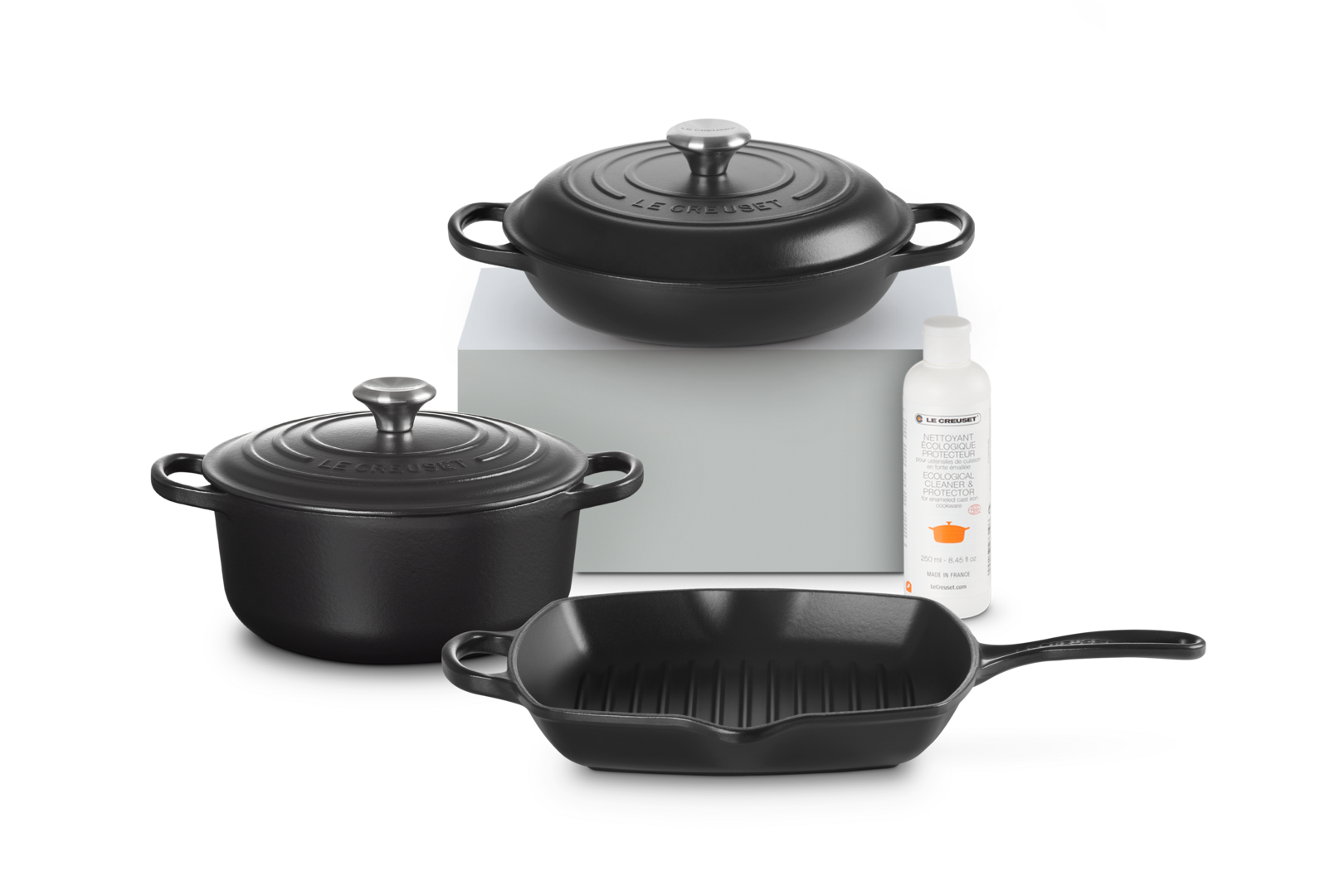Le Creuset Set Essencial 3 Peças em Ferro Fundido com Detergente (Preto Fosco)